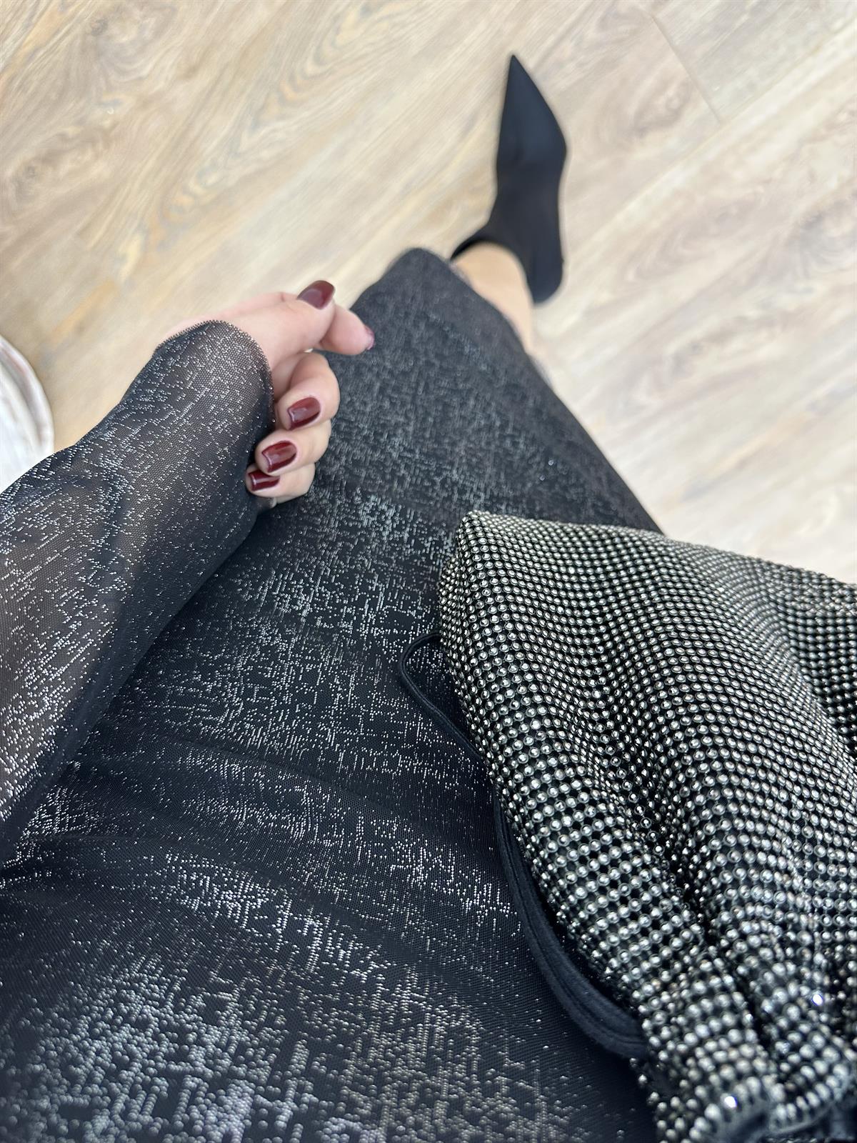 Gümüş Varak Baskılı Likralı Tül Elbise