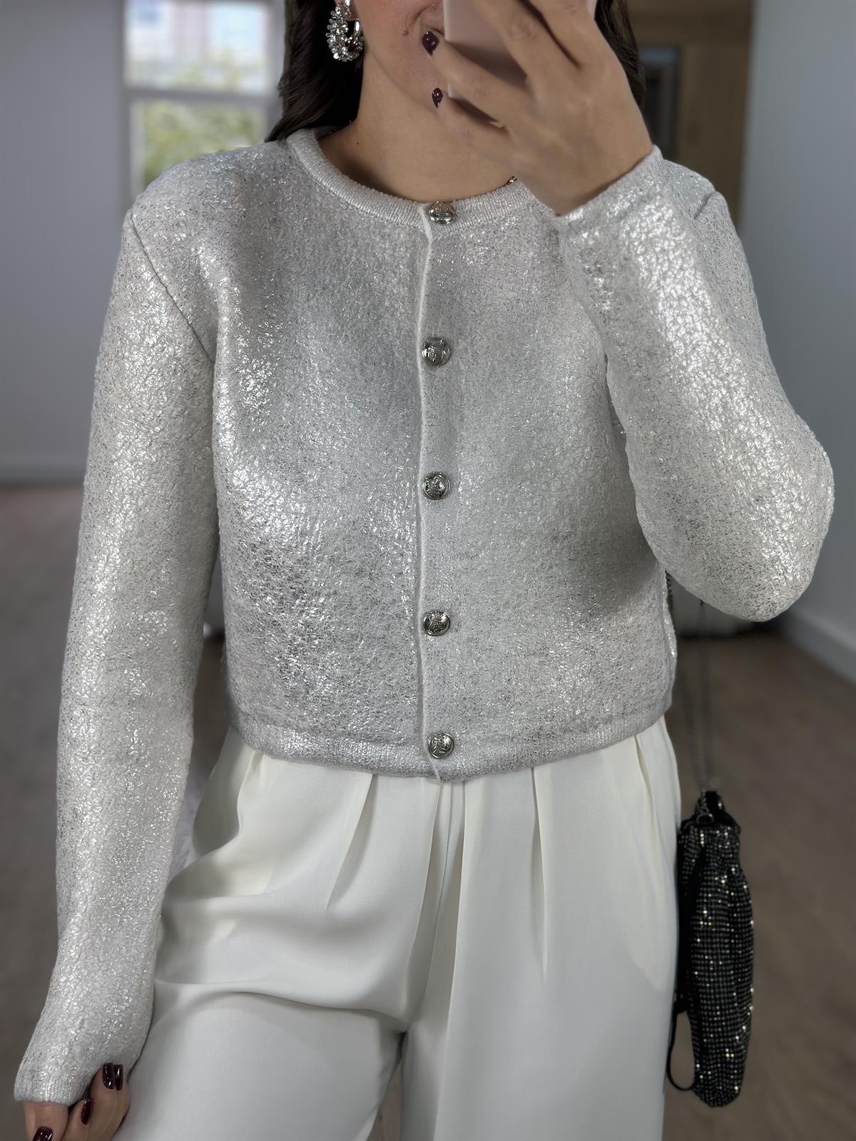 Gümüş Varaklı Teddy Hırka-Ekru