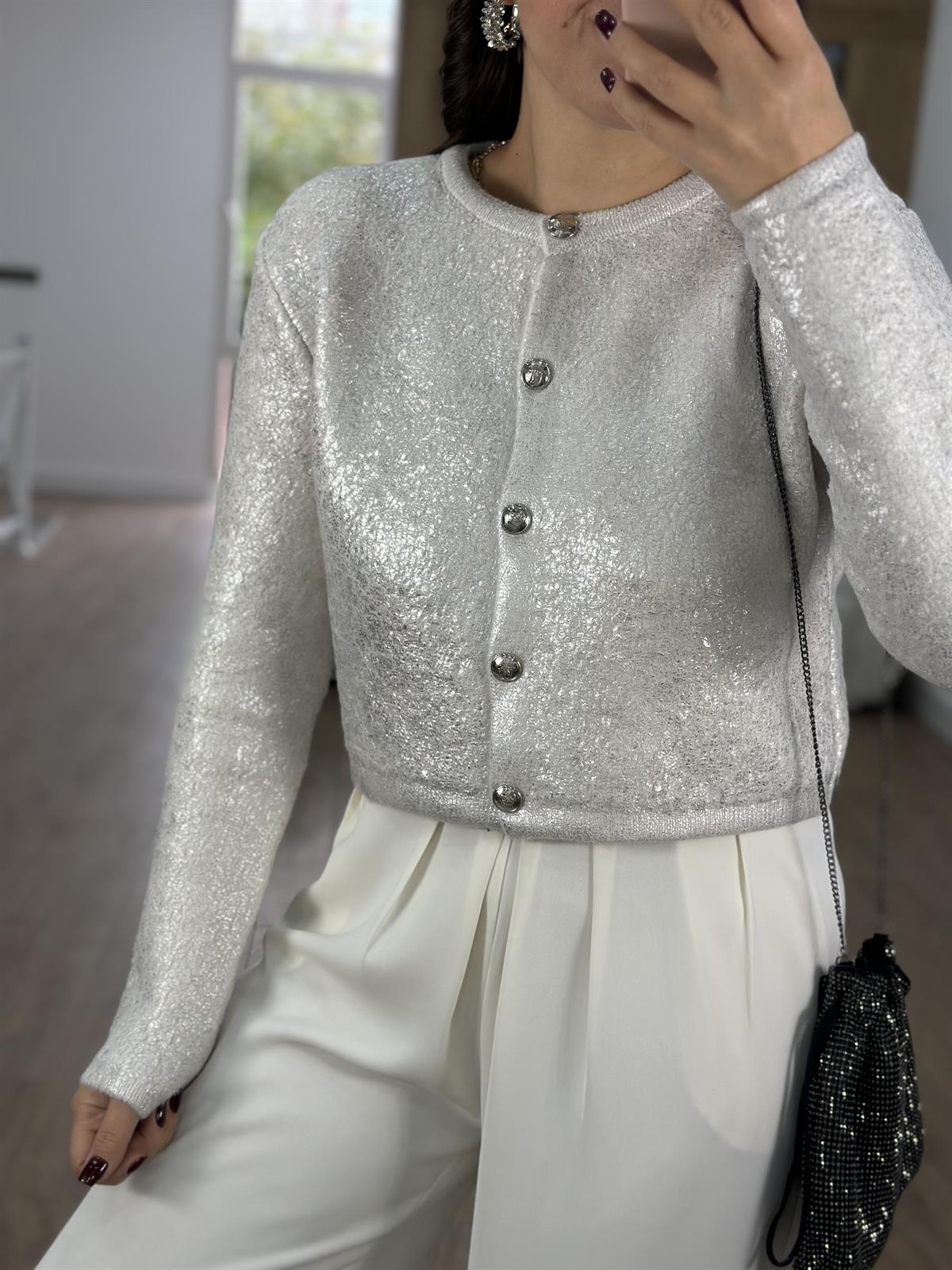 Gümüş Varaklı Teddy Hırka-Ekru