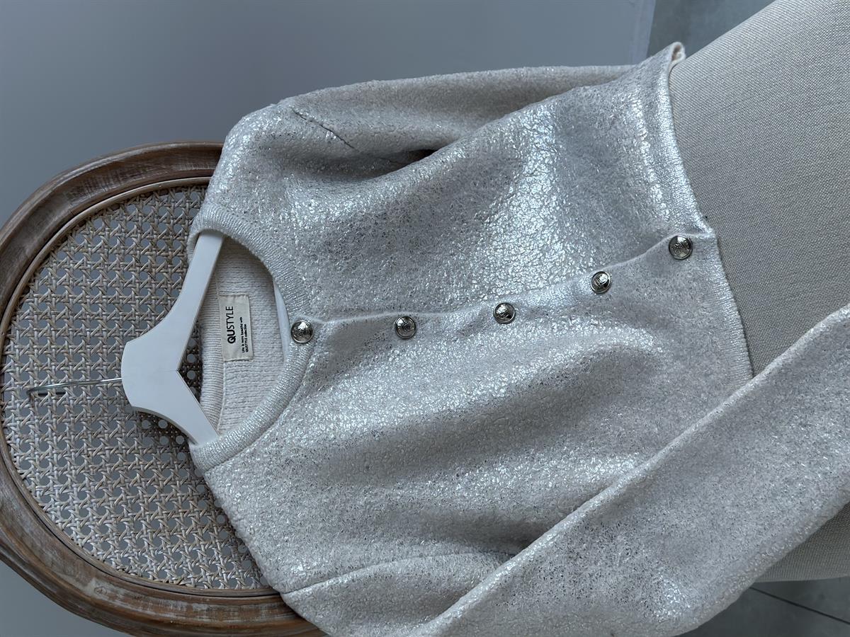 Gümüş Varaklı Teddy Hırka-Ekru