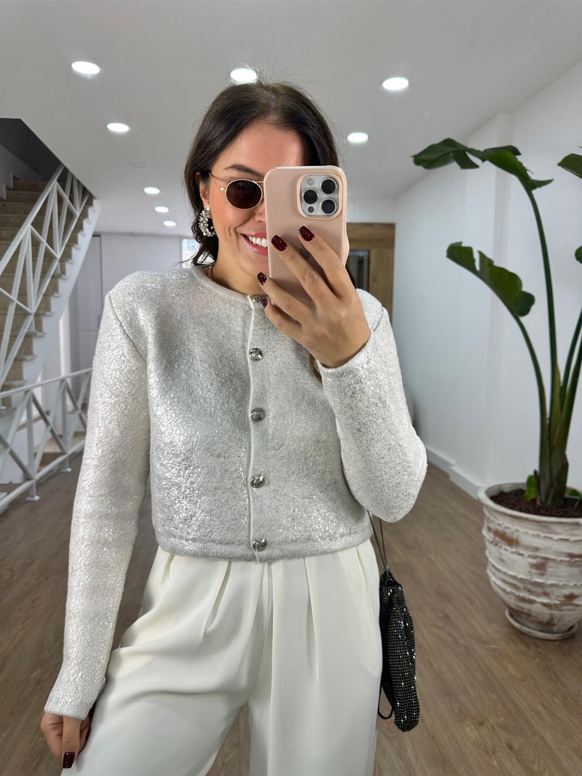 Gümüş Varaklı Teddy Hırka-Ekru