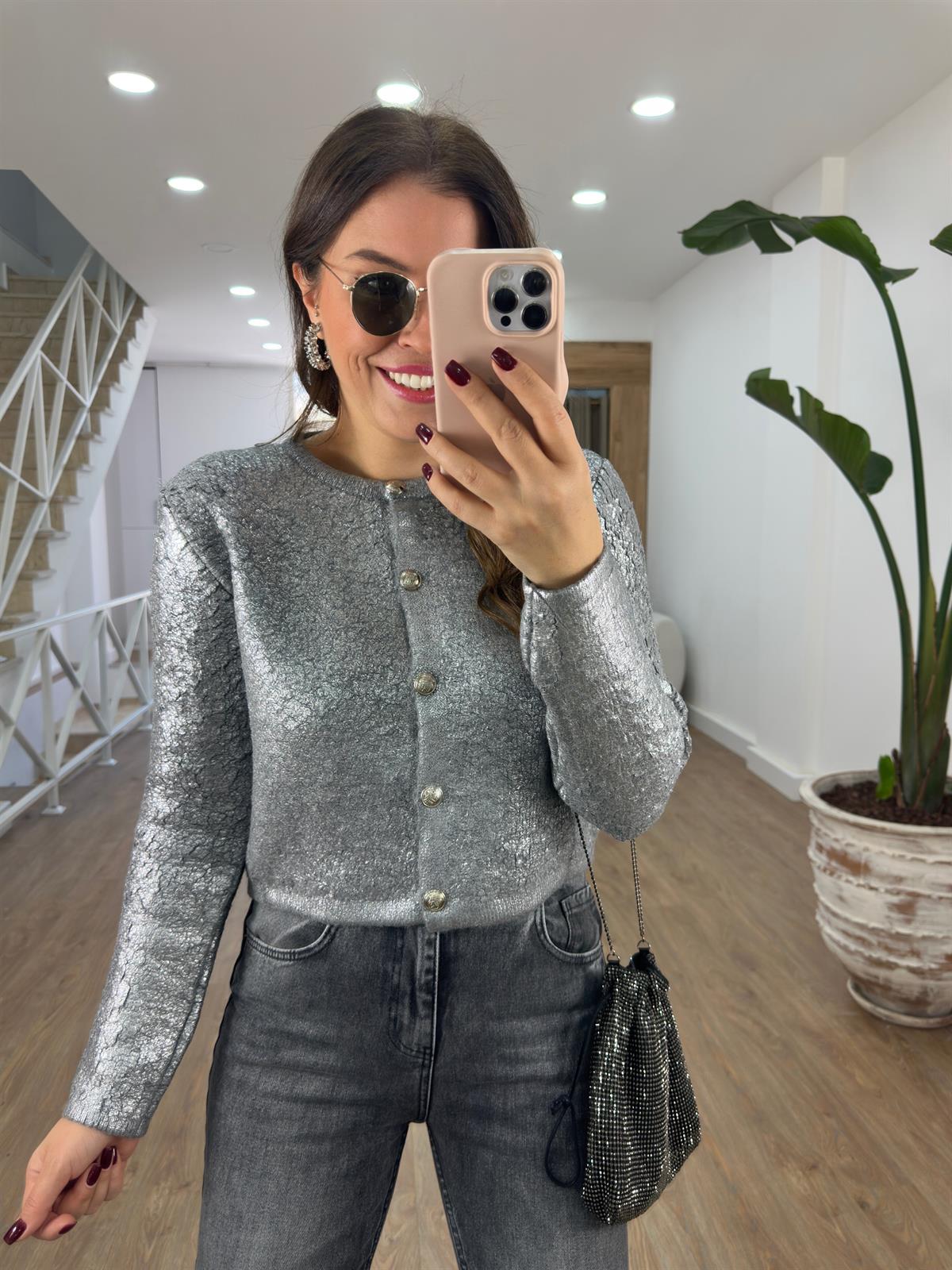 Gümüş Varaklı Teddy Hırka-Gri