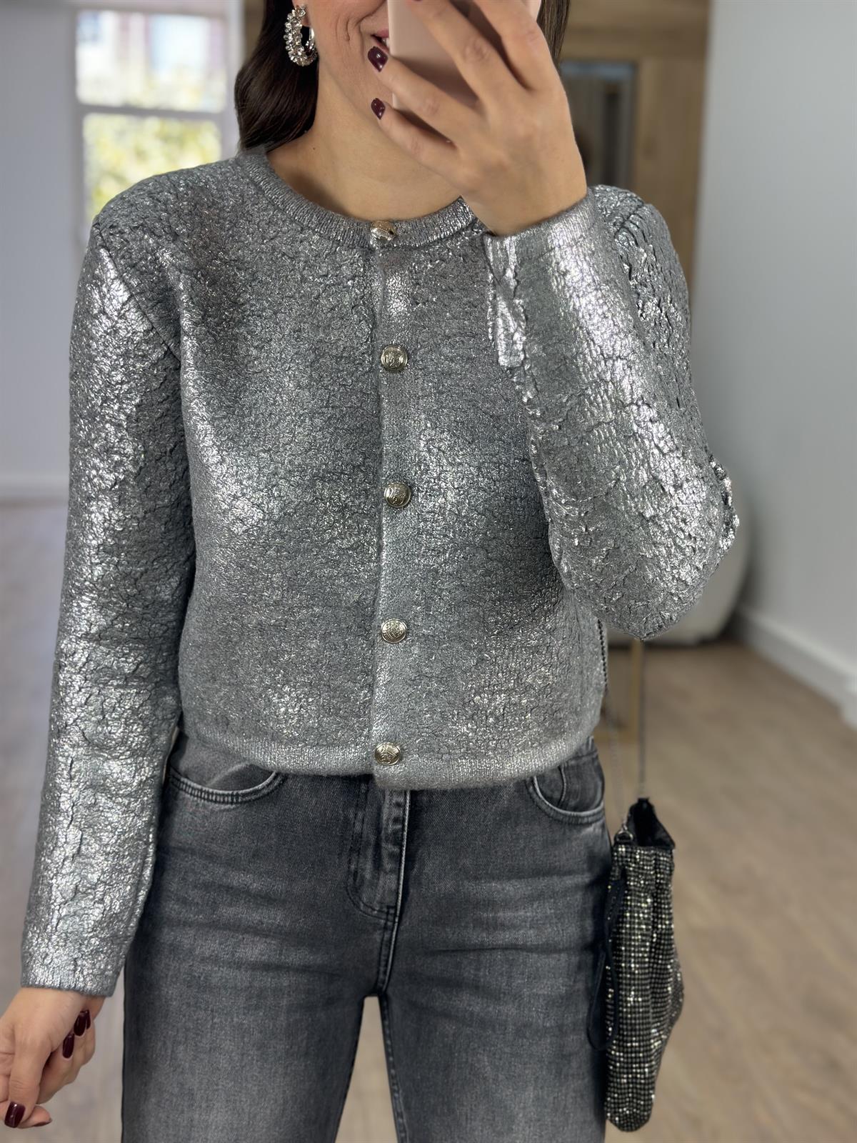 Gümüş Varaklı Teddy Hırka-Gri