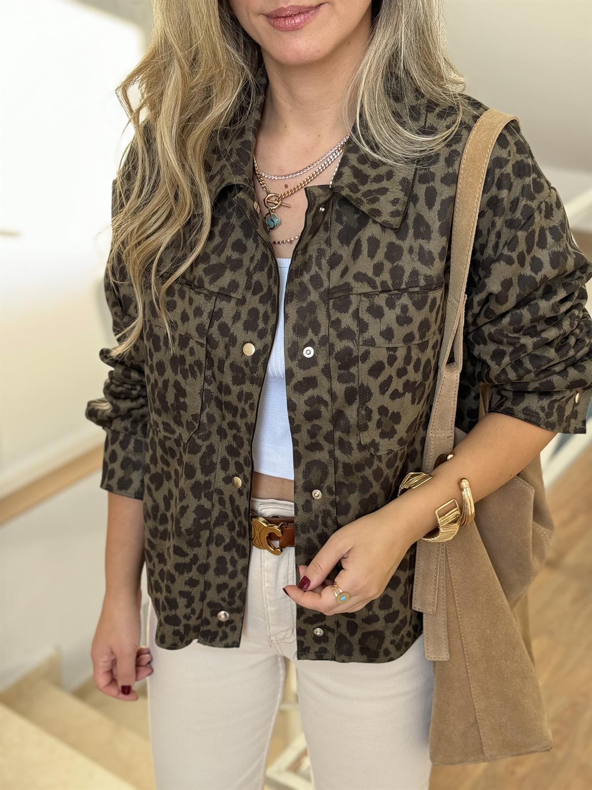 Haki Leopar Süet Gömlek