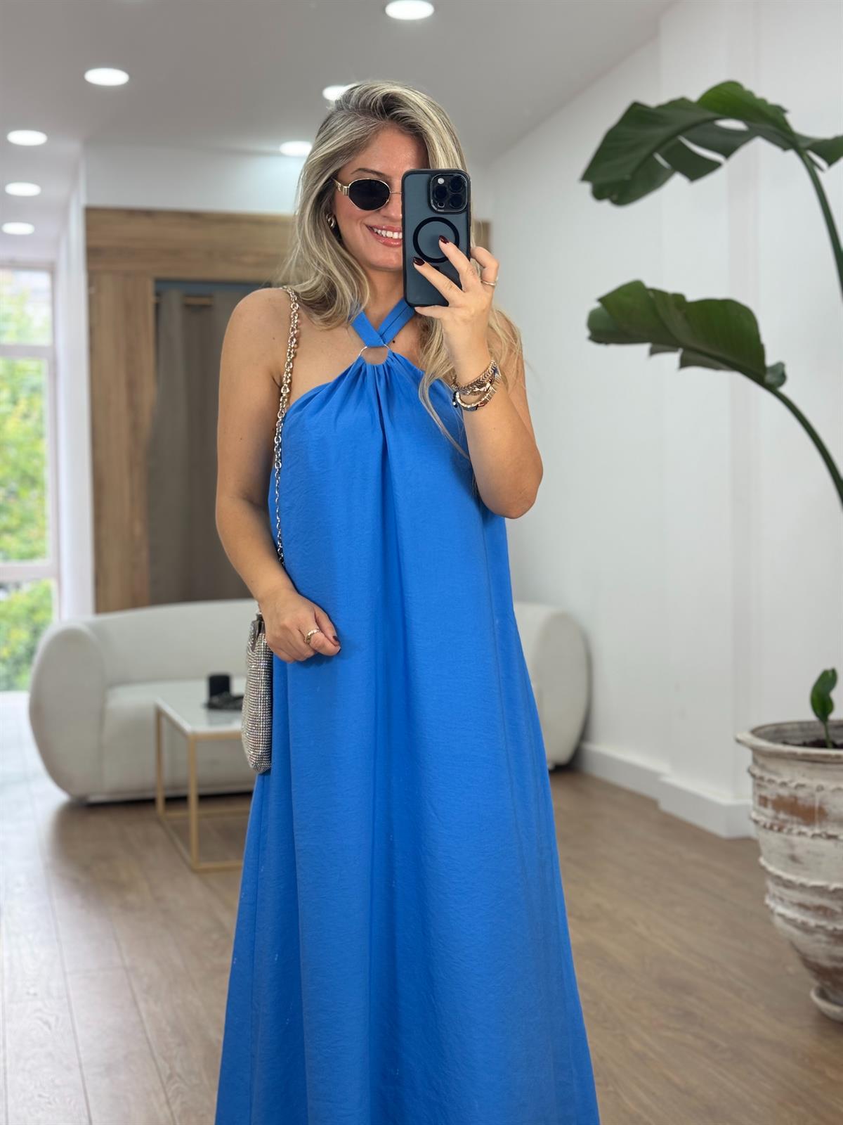 Halka Detaylı Halter Yaka Maxi Elbise-Mavi