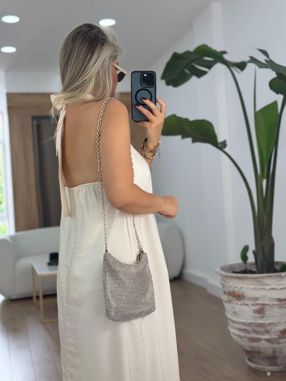 Halka Detaylı Halter Yaka Maxi Elbise-Ekru