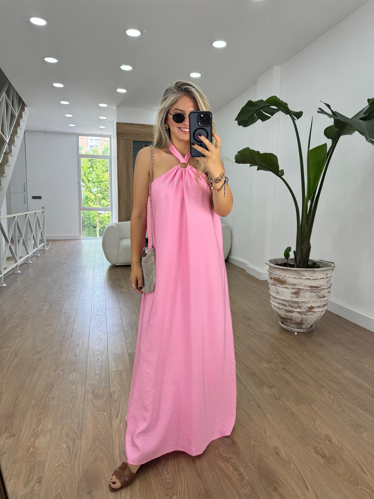 Halka Detaylı Halter Yaka Maxi Elbise-Pembe