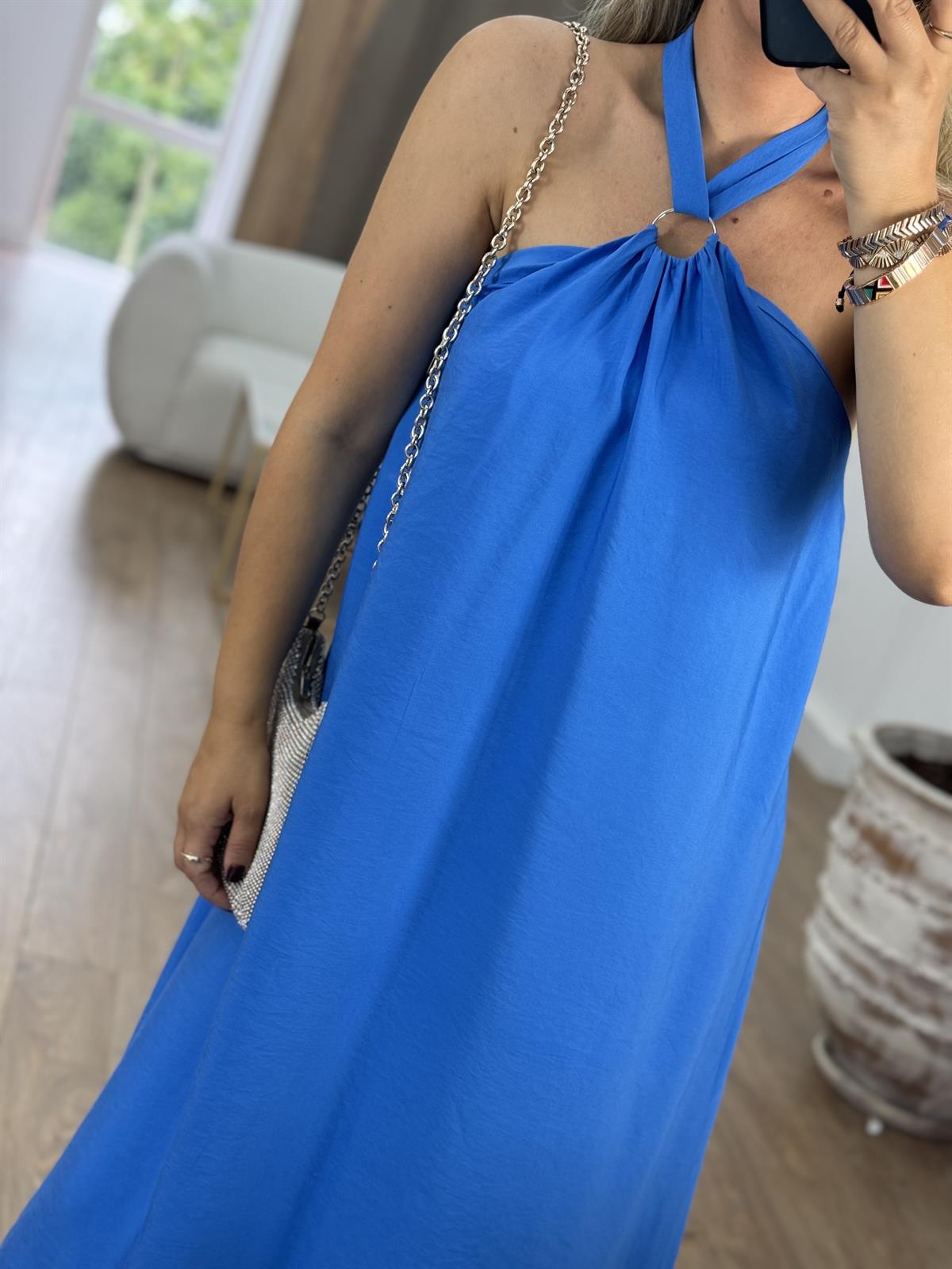 Halka Detaylı Halter Yaka Maxi Elbise-Mavi