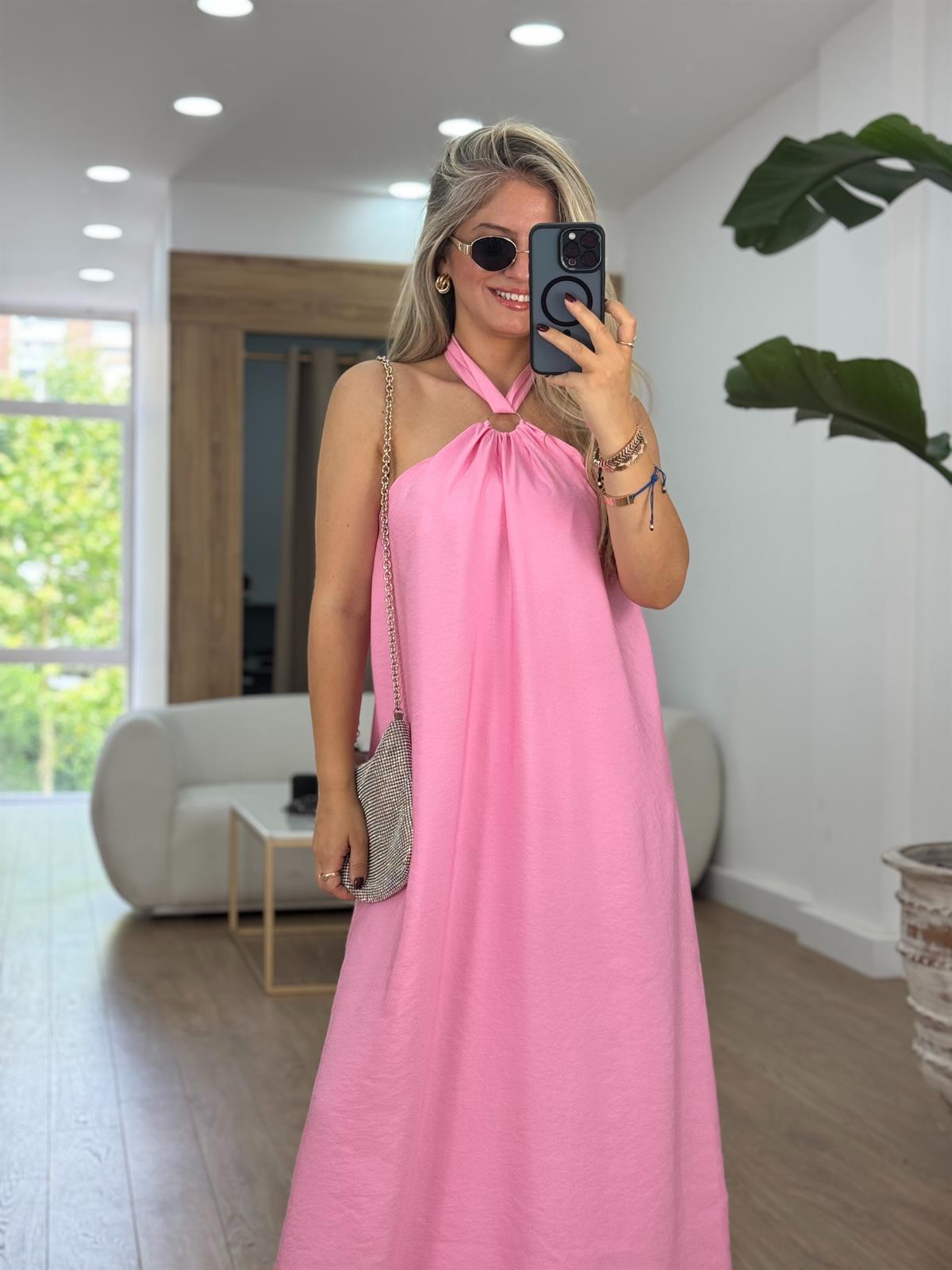 Halka Detaylı Halter Yaka Maxi Elbise-Pembe