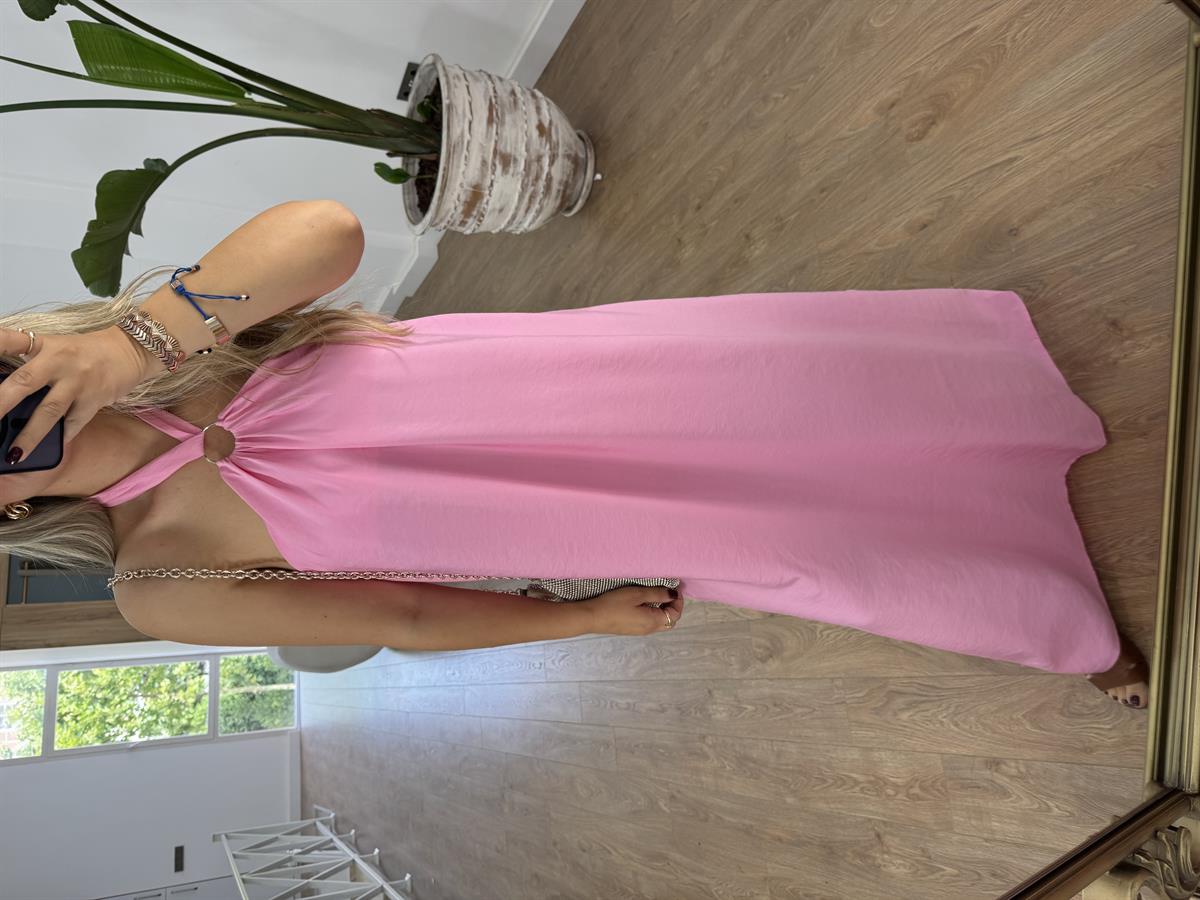 Halka Detaylı Halter Yaka Maxi Elbise-Pembe