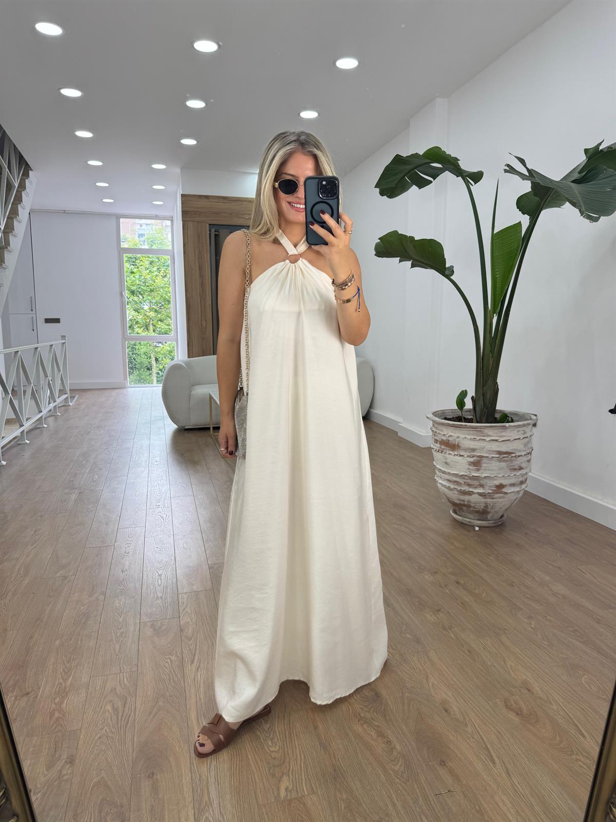 Halka Detaylı Halter Yaka Maxi Elbise-Ekru