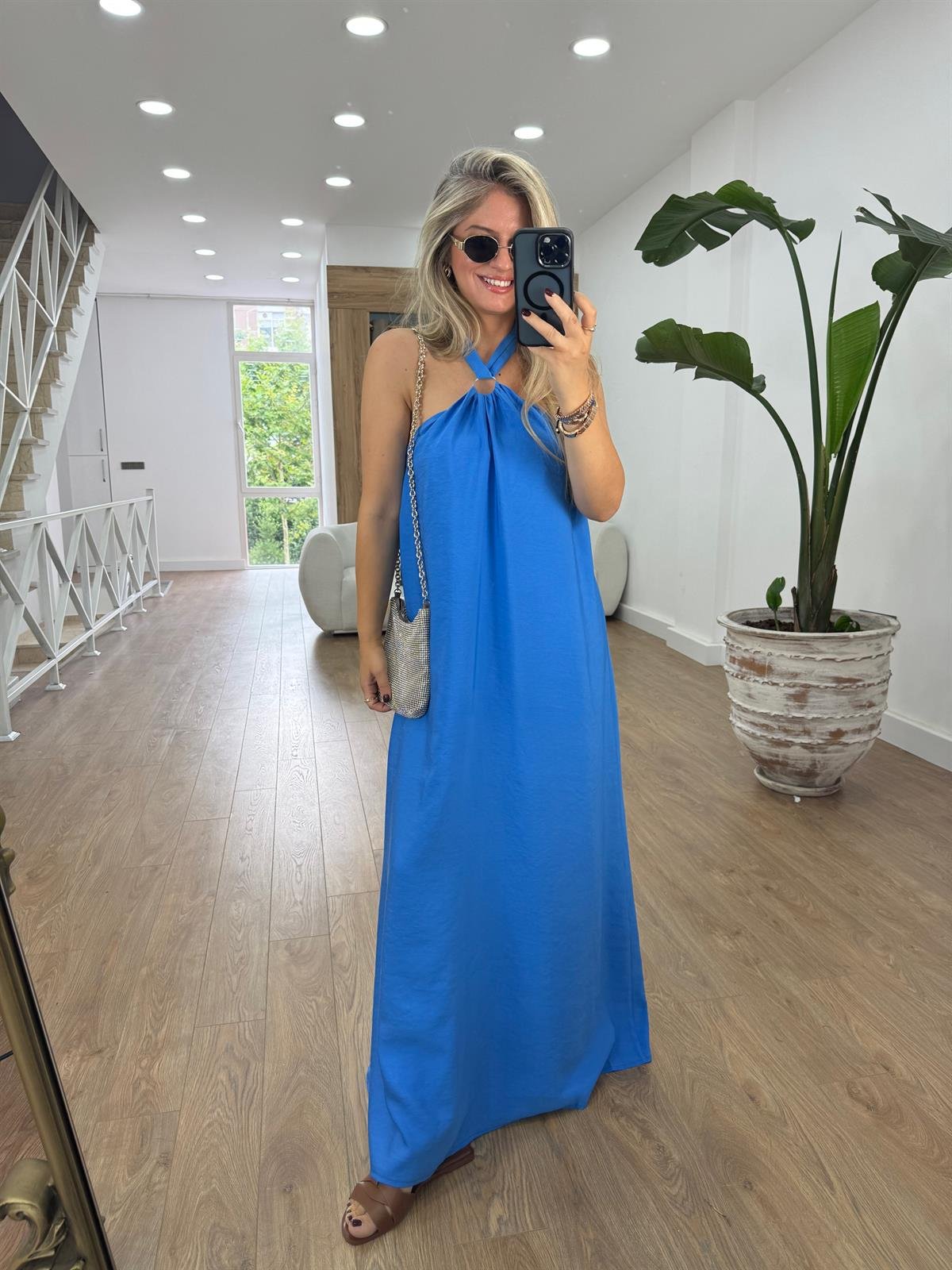 Halka Detaylı Halter Yaka Maxi Elbise-Mavi