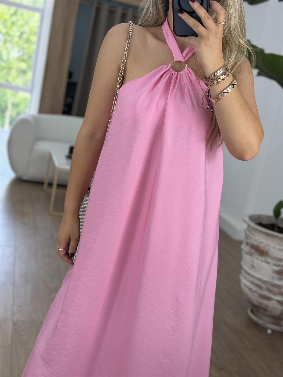 Halka Detaylı Halter Yaka Maxi Elbise-Pembe