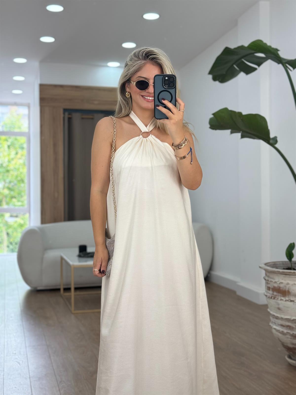 Halka Detaylı Halter Yaka Maxi Elbise-Ekru