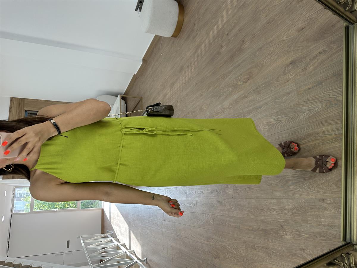 Halter Yaka Beli Kuşaklı Elbise-Fıstık Yeşili