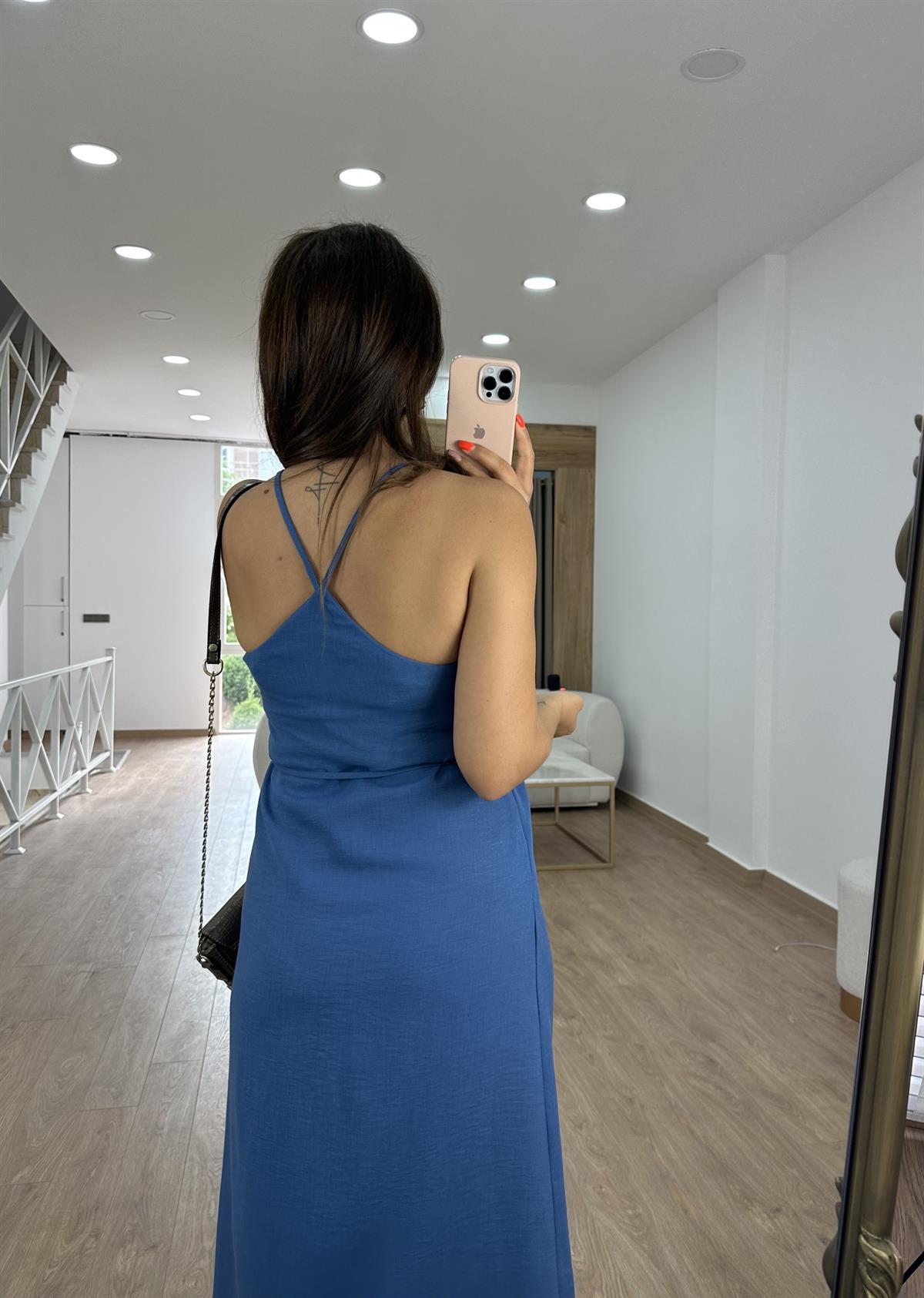 Halter Yaka Beli Kuşaklı Elbise-İndigo