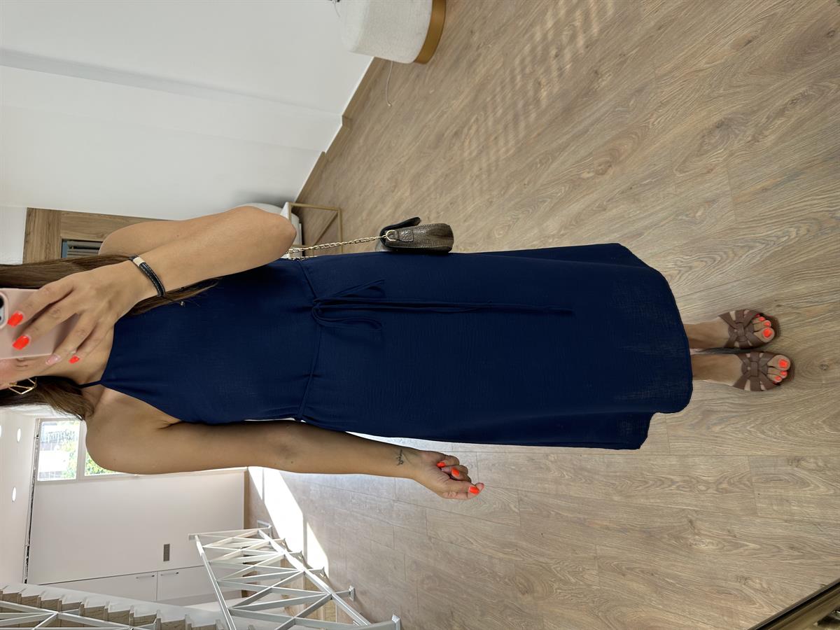 Halter Yaka Beli Kuşaklı Elbise-Lacivert