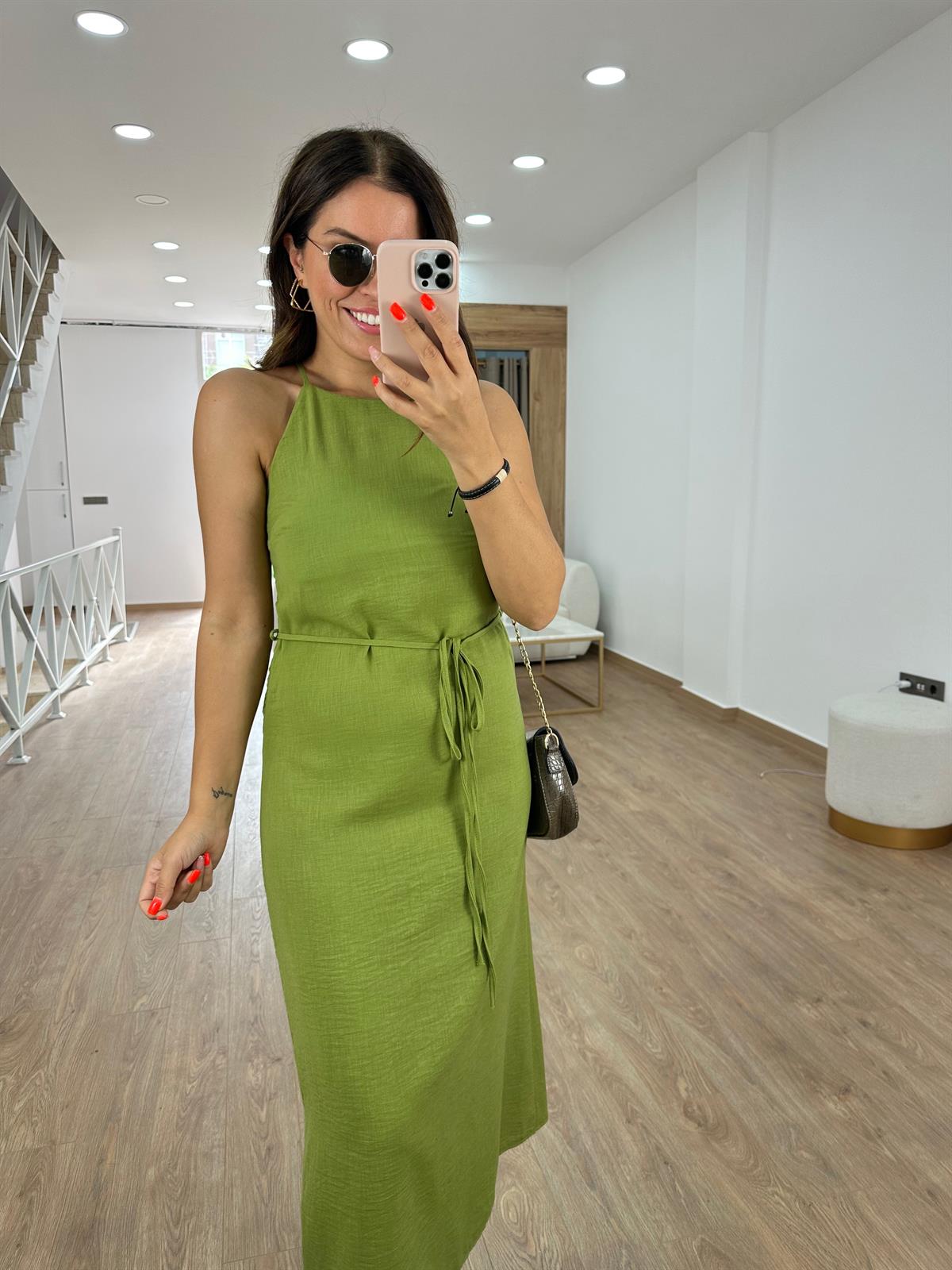 Halter Yaka Beli Kuşaklı Elbise-Olive