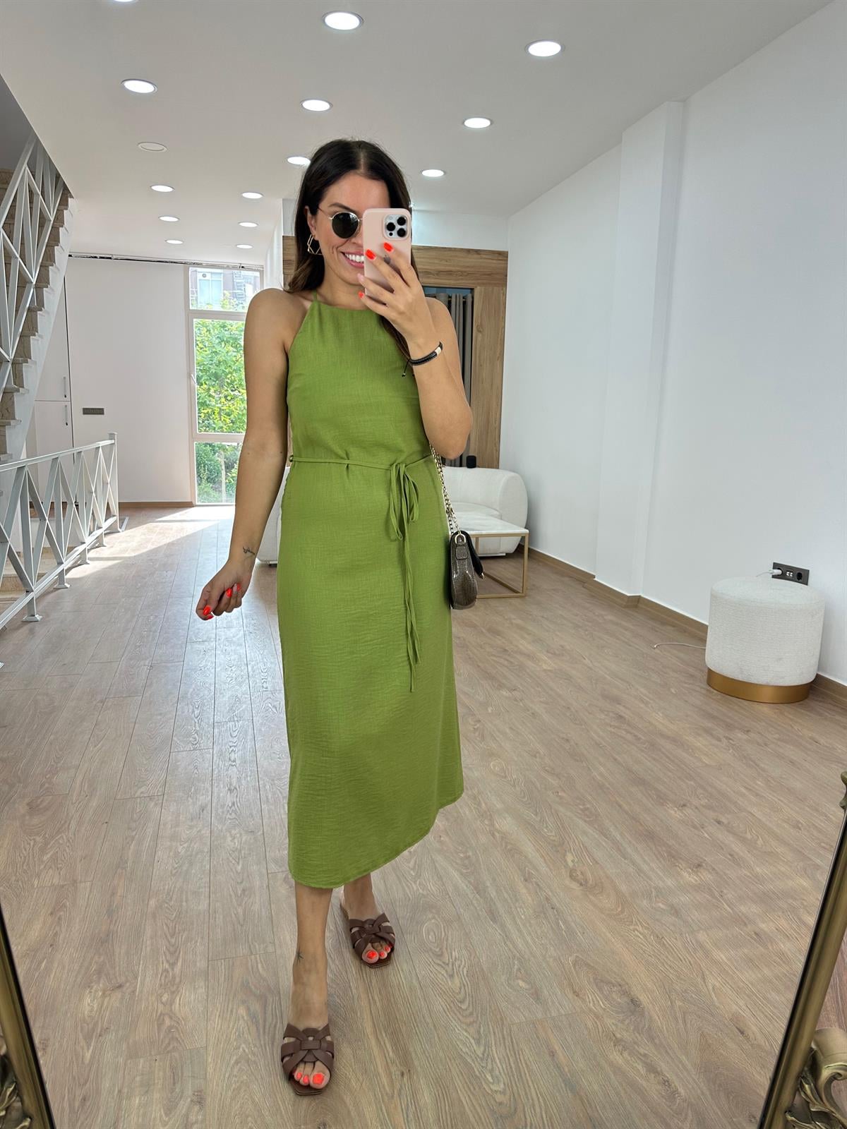 Halter Yaka Beli Kuşaklı Elbise-Olive