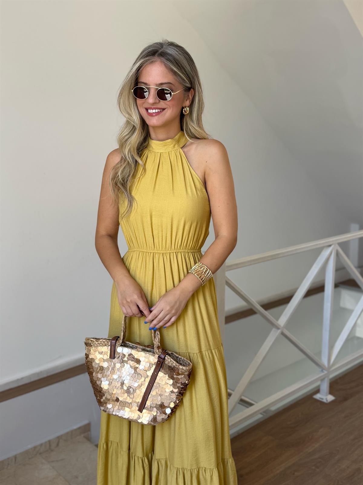 Halter Yaka Beli Lastikli Maxi Elbise - Sarı