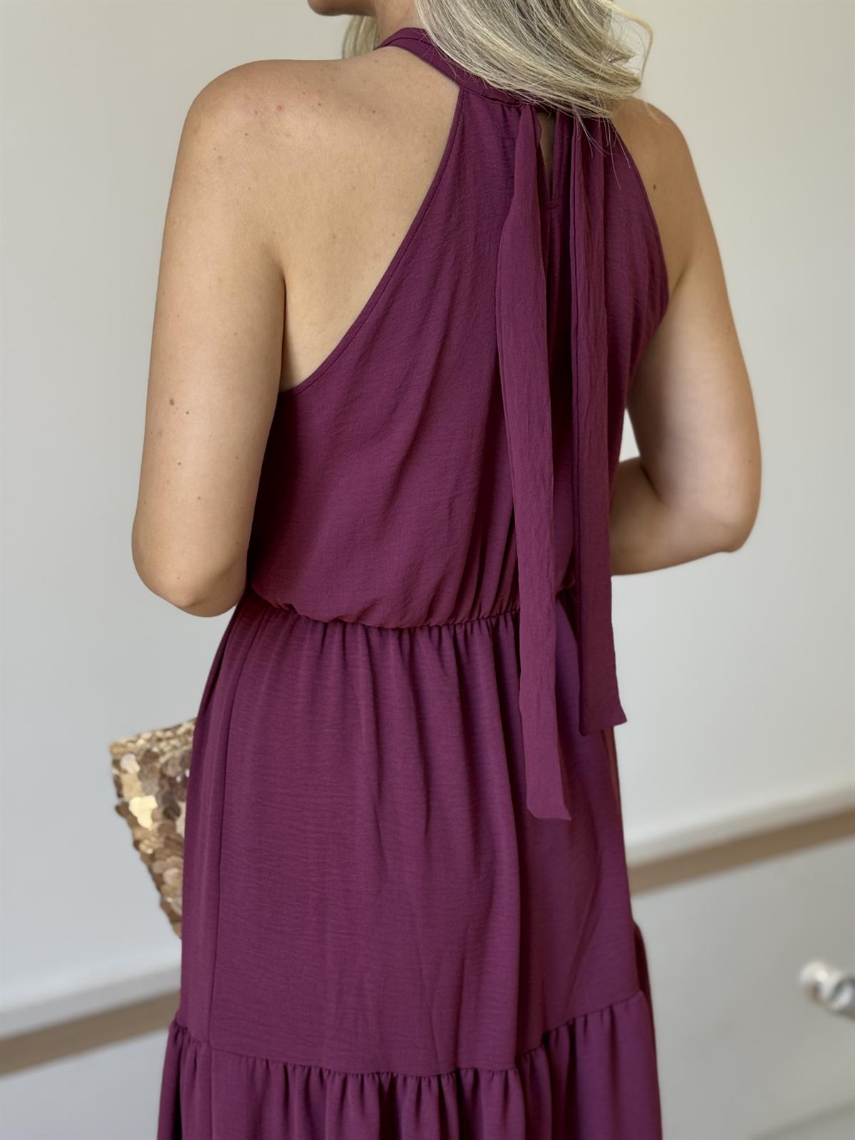 Halter Yaka Beli Lastikli Maxi Elbise - Bordo