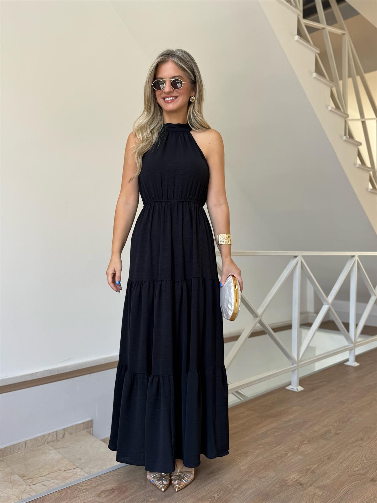 Halter Yaka Beli Lastikli Maxi Elbise - Siyah