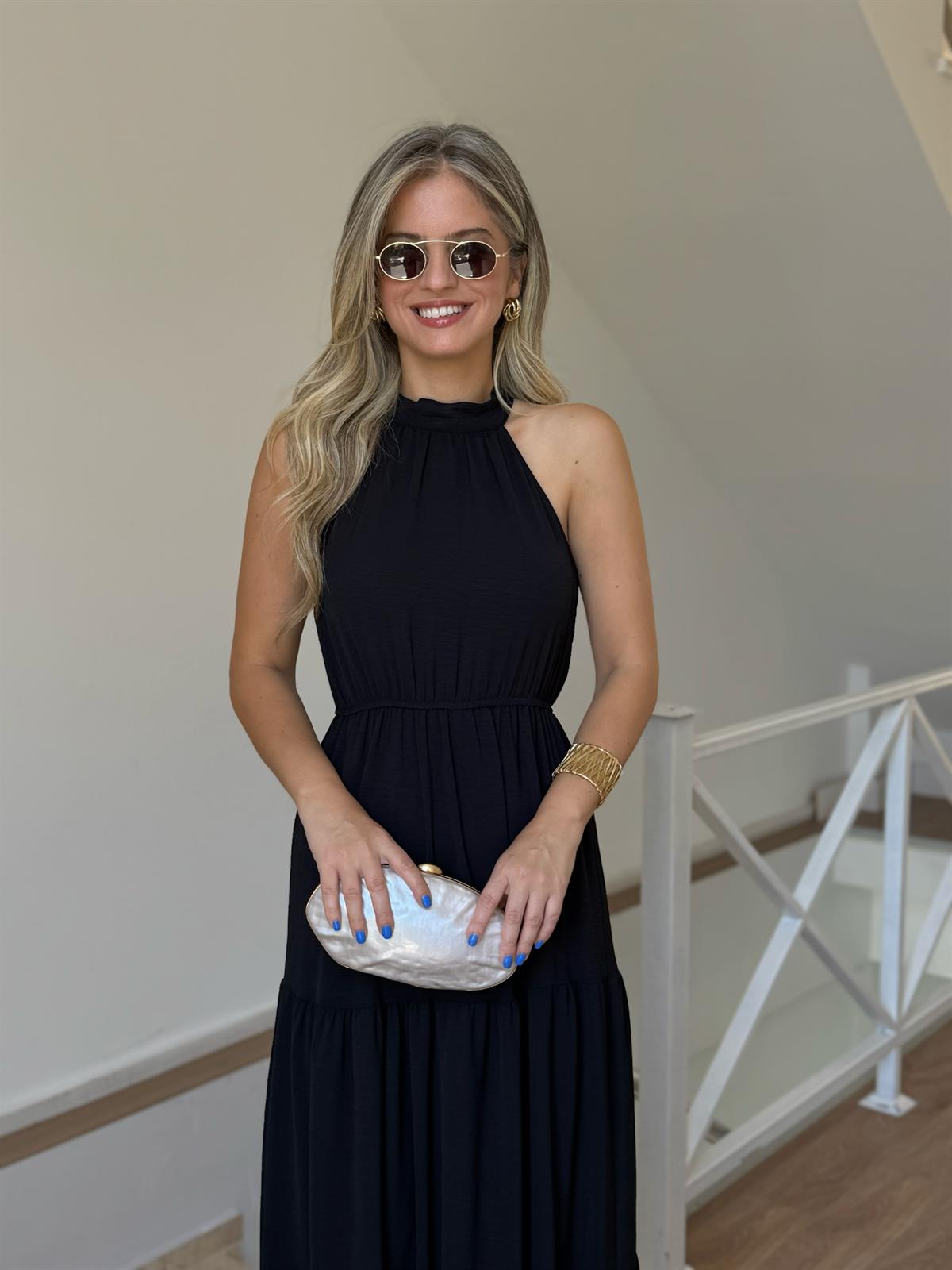 Halter Yaka Beli Lastikli Maxi Elbise - Siyah