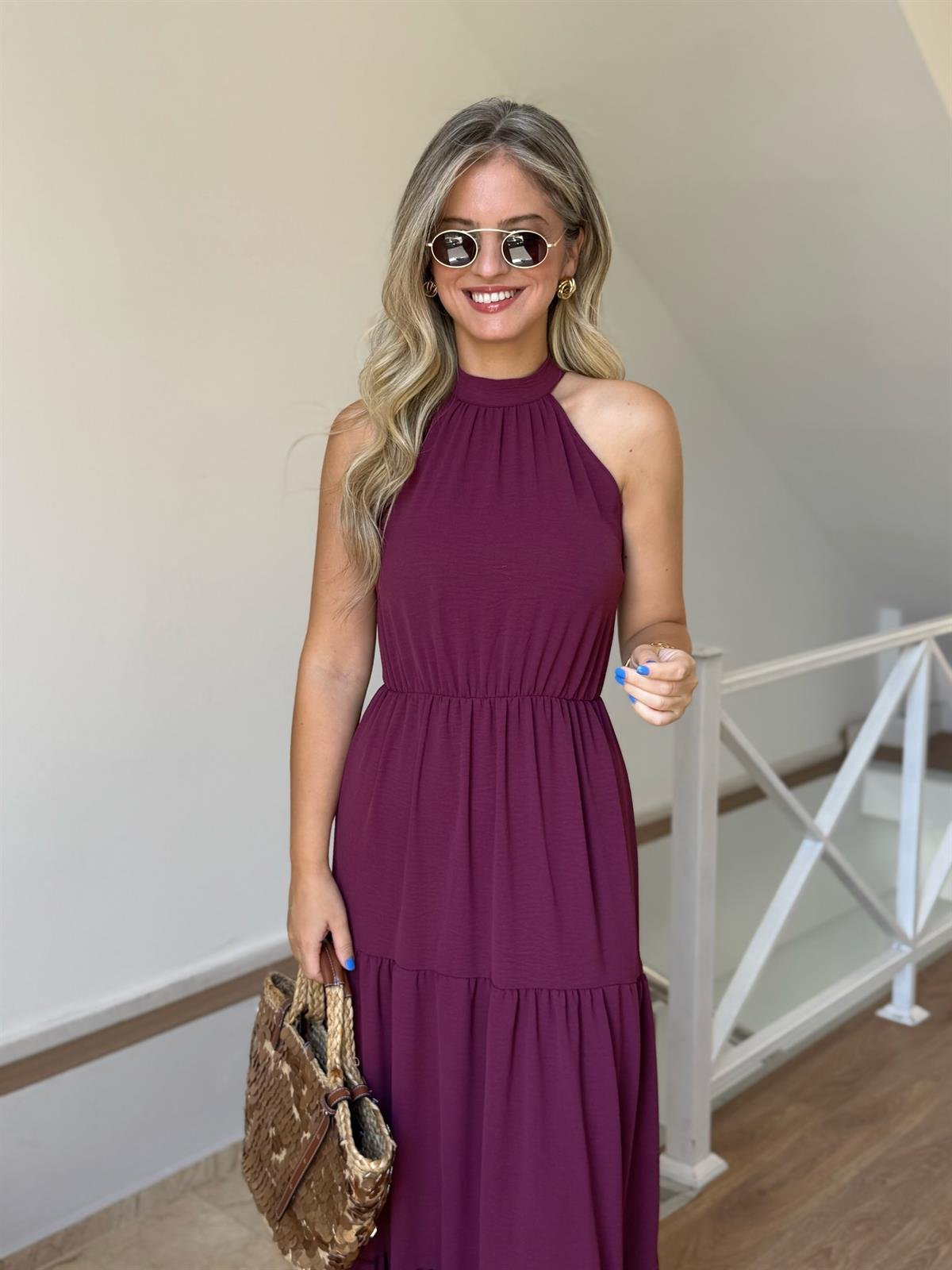Halter Yaka Beli Lastikli Maxi Elbise - Bordo