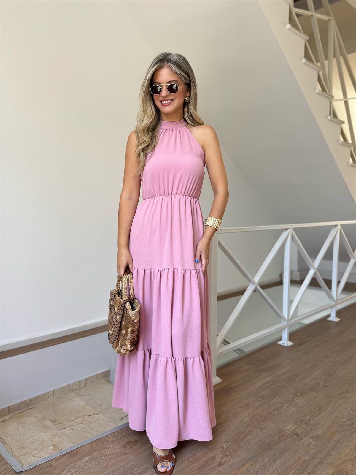 Halter Yaka Beli Lastikli Maxi Elbise - Pembe