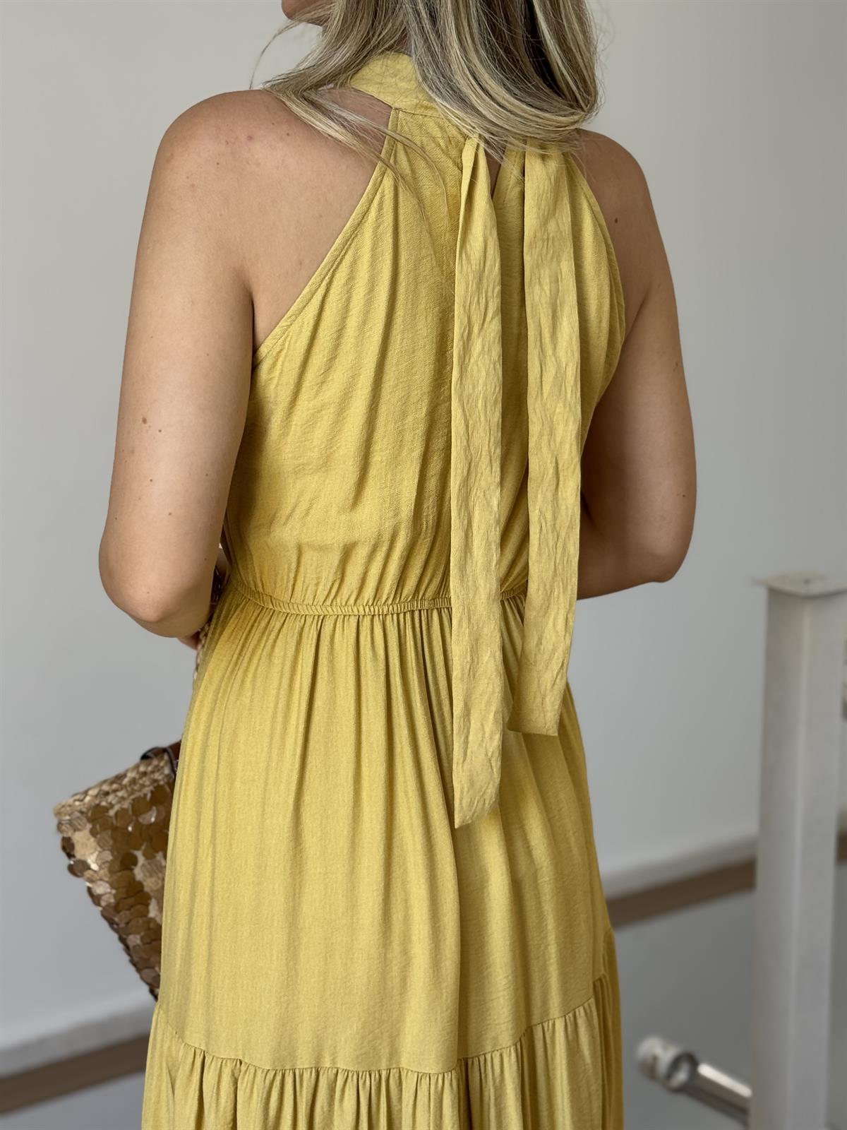 Halter Yaka Beli Lastikli Maxi Elbise - Sarı