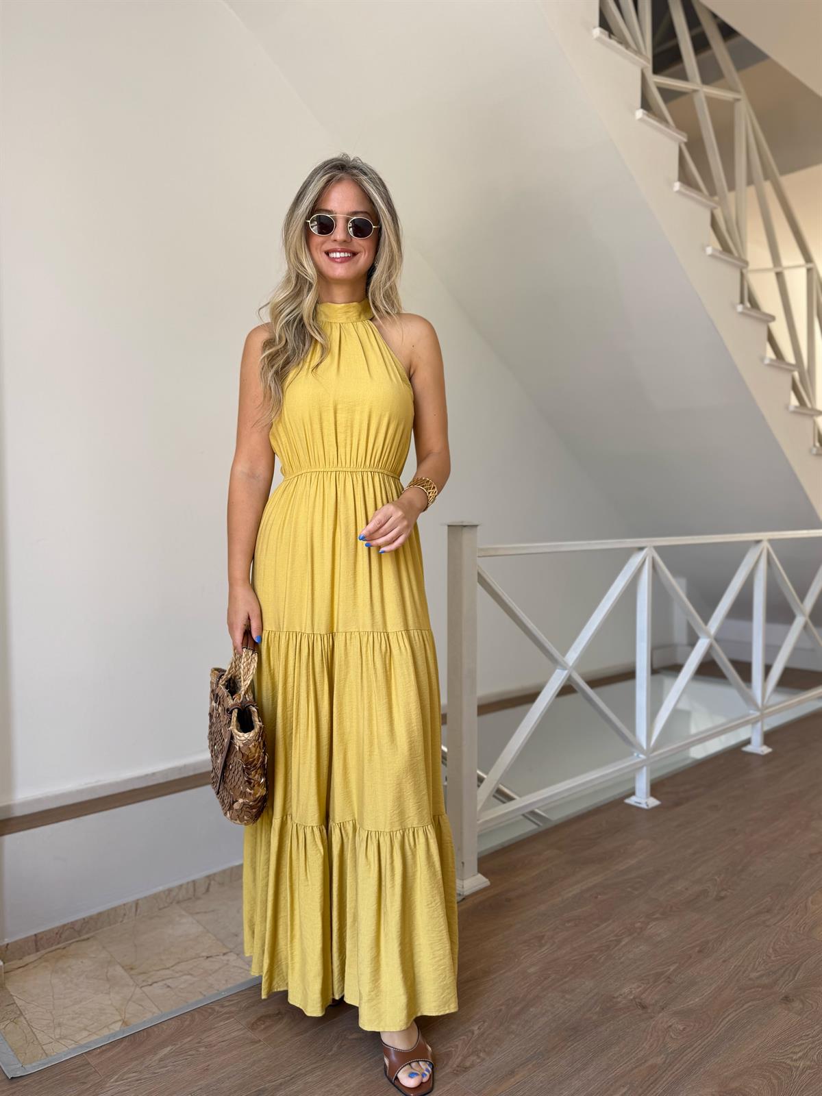 Halter Yaka Beli Lastikli Maxi Elbise - Sarı