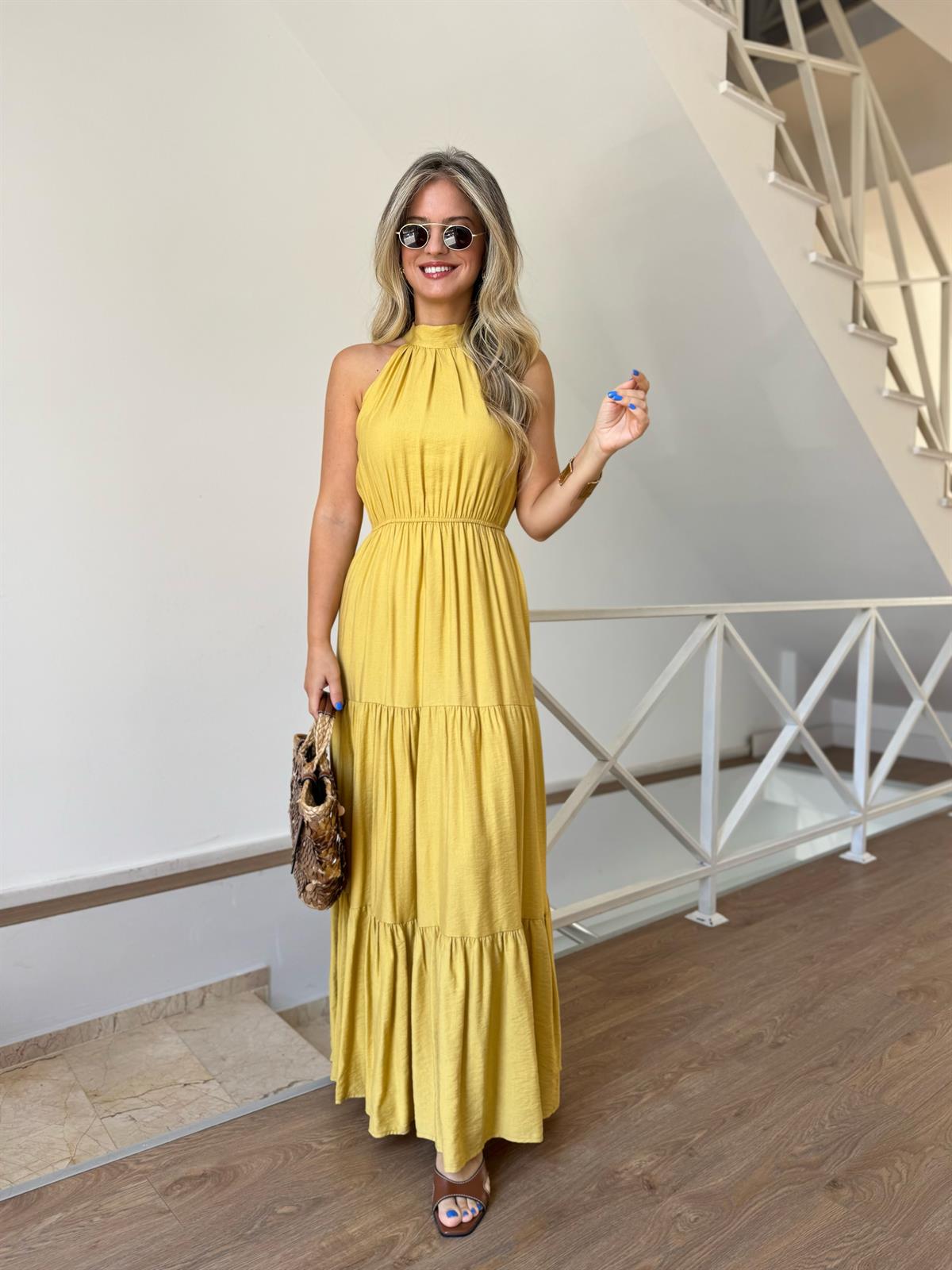 Halter Yaka Beli Lastikli Maxi Elbise - Sarı