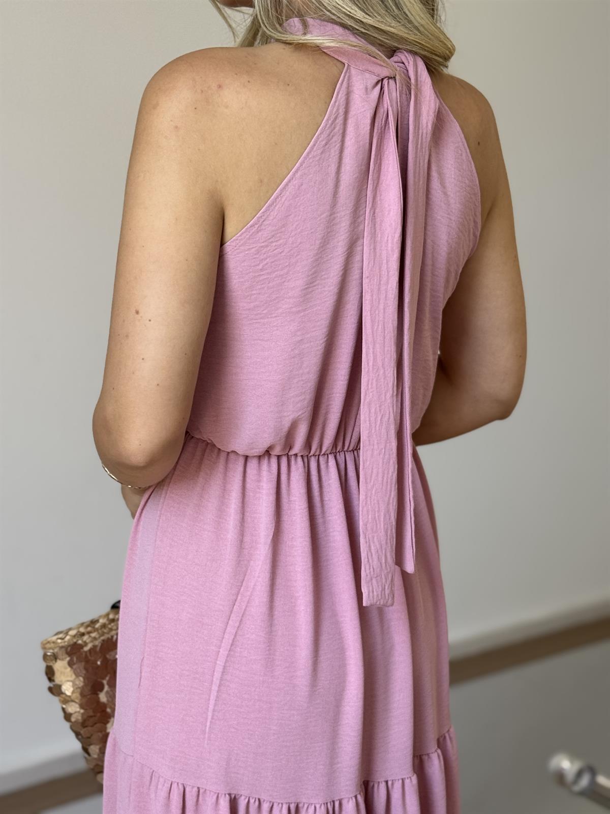 Halter Yaka Beli Lastikli Maxi Elbise - Pembe