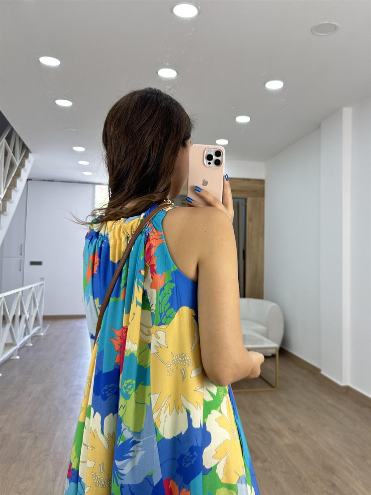 Halter Yaka Çiçekli Salaş Elbise-Mavi