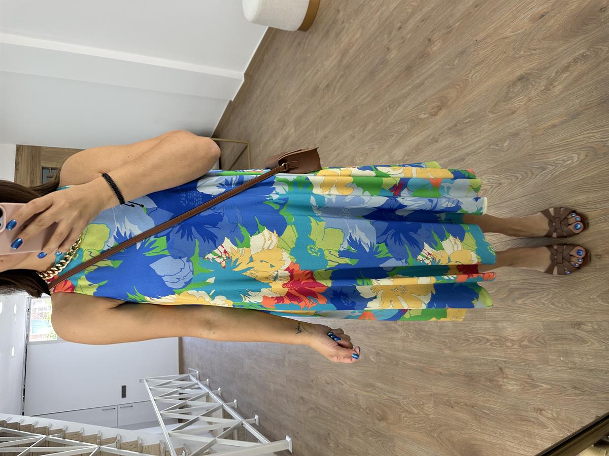 Halter Yaka Çiçekli Salaş Elbise-Mavi