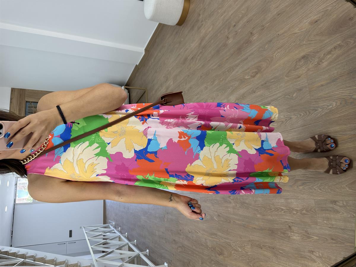 Halter Yaka Çiçekli Salaş Elbise-Pembe