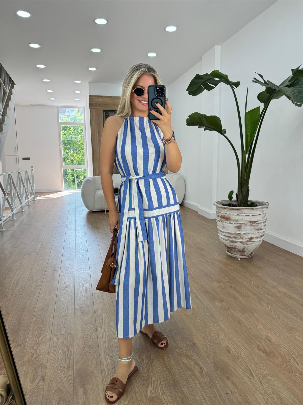 Halter Yaka Çizgili Keten Elbise-Mavi