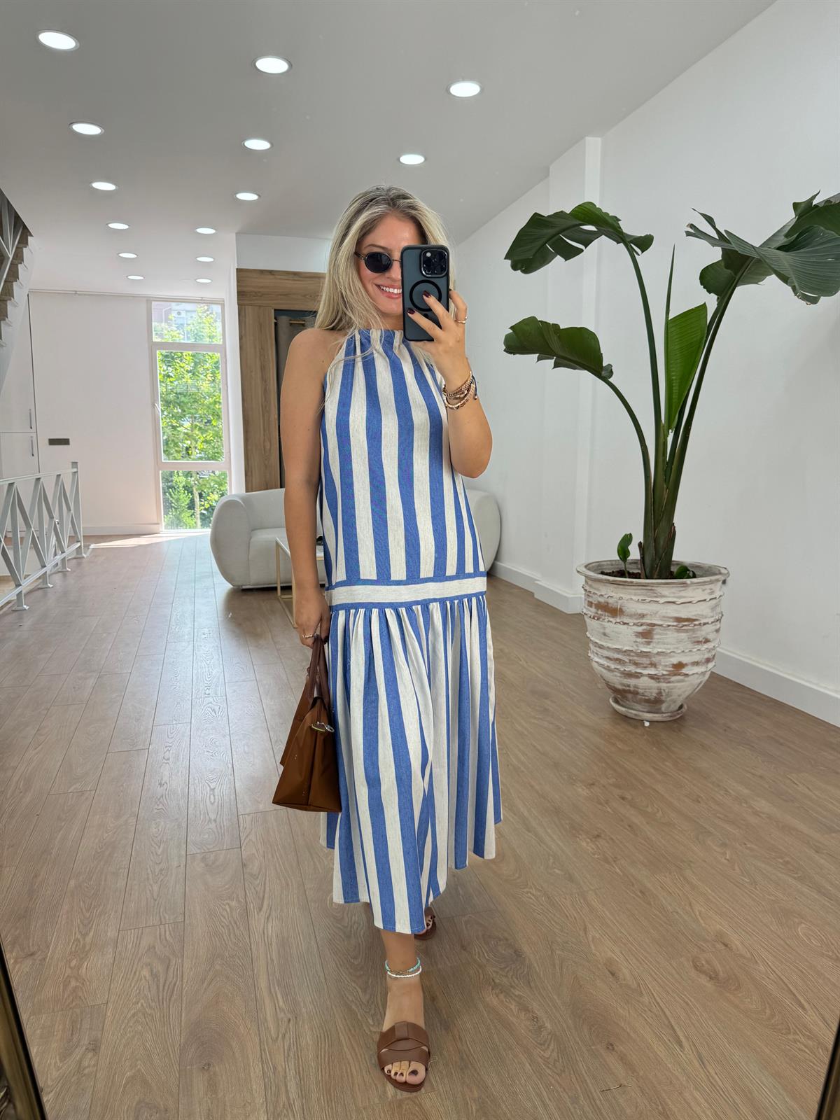 Halter Yaka Çizgili Keten Elbise-Mavi