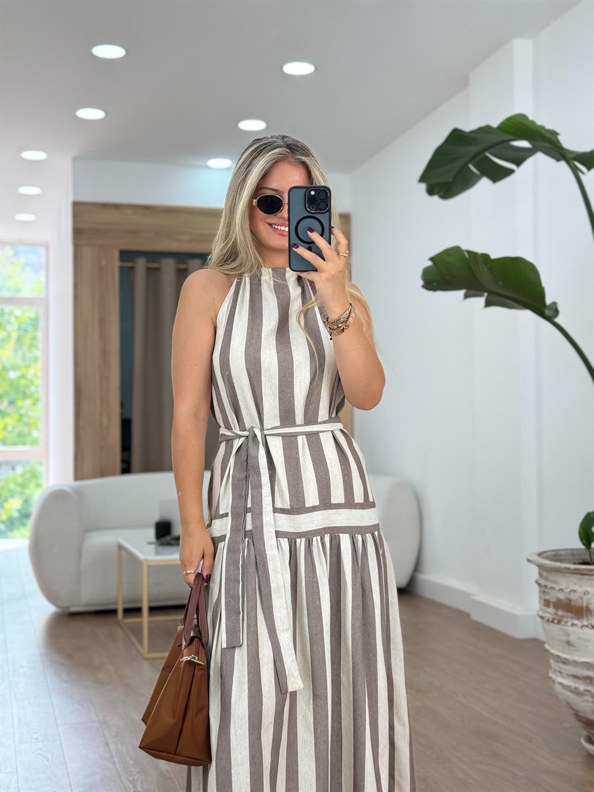 Halter Yaka Çizgili Keten Elbise-Vizon