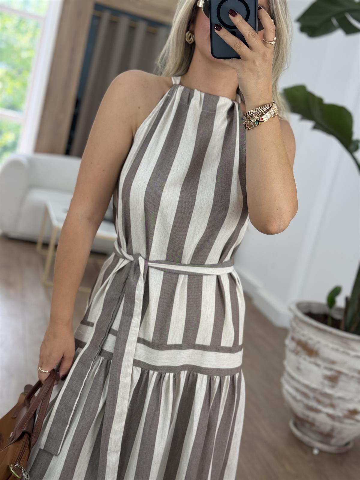 Halter Yaka Çizgili Keten Elbise-Vizon