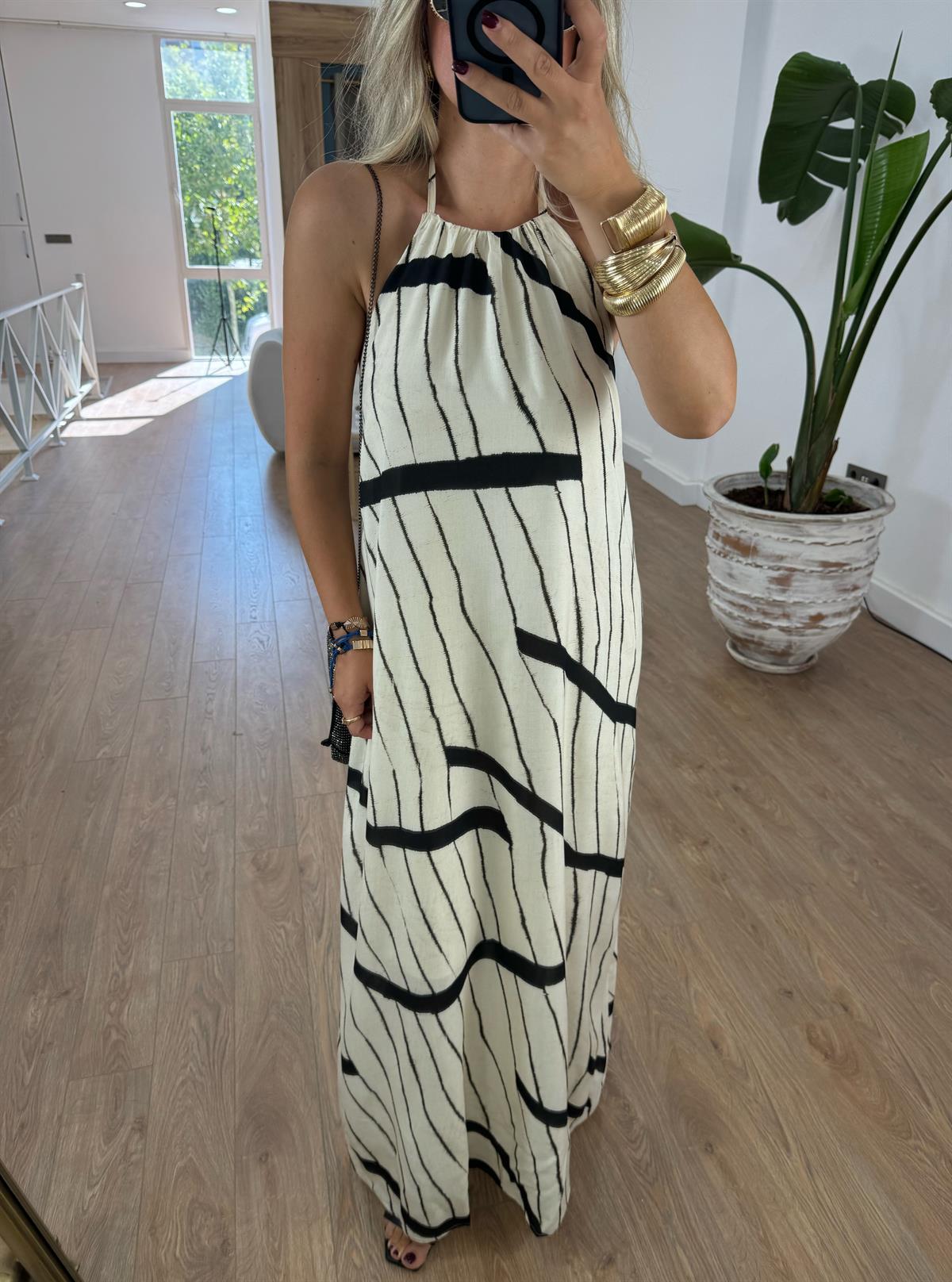 Halter Yaka Çizgili Maxi Elbise