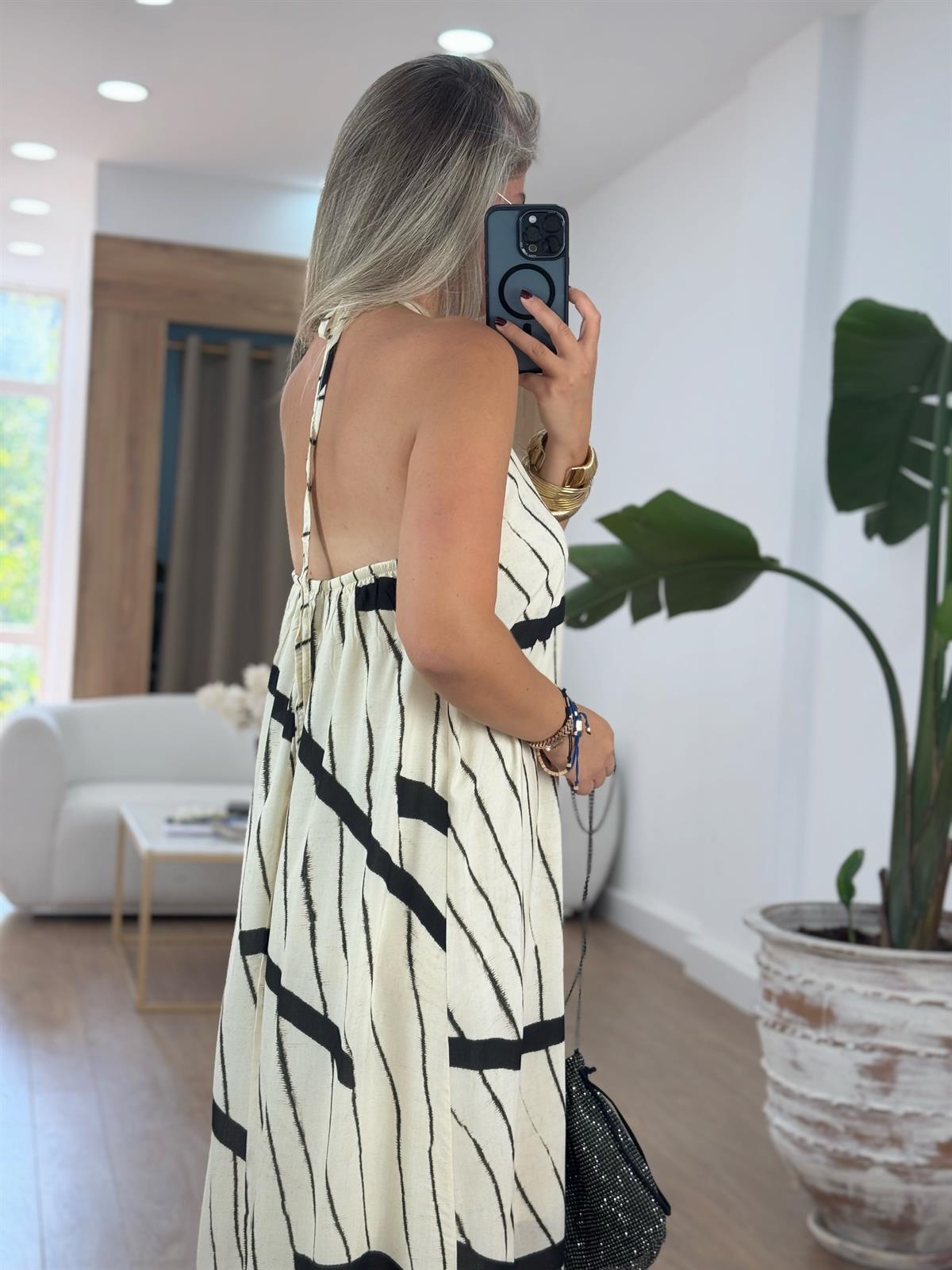 Halter Yaka Çizgili Maxi Elbise