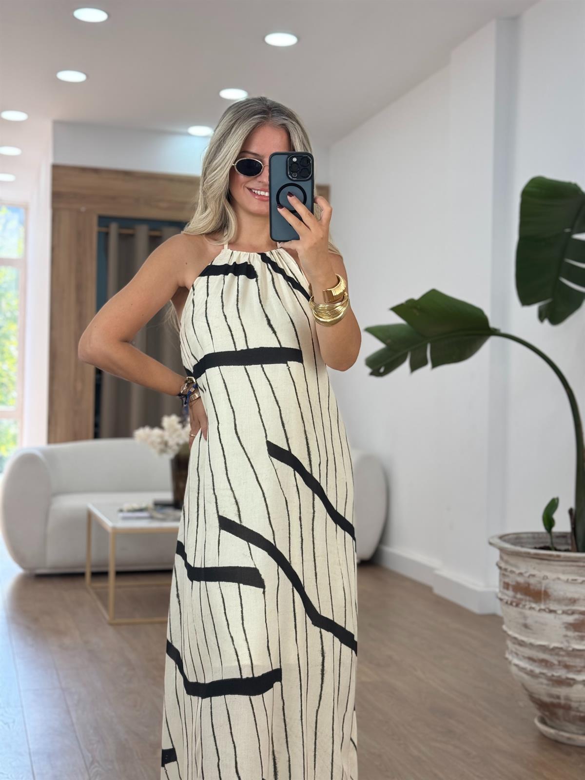 Halter Yaka Çizgili Maxi Elbise