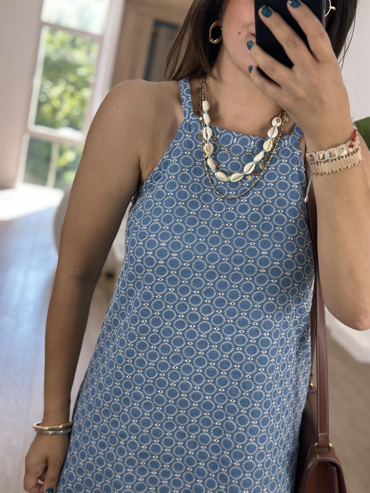 Halter Yaka Fisto Elbise-Mavi