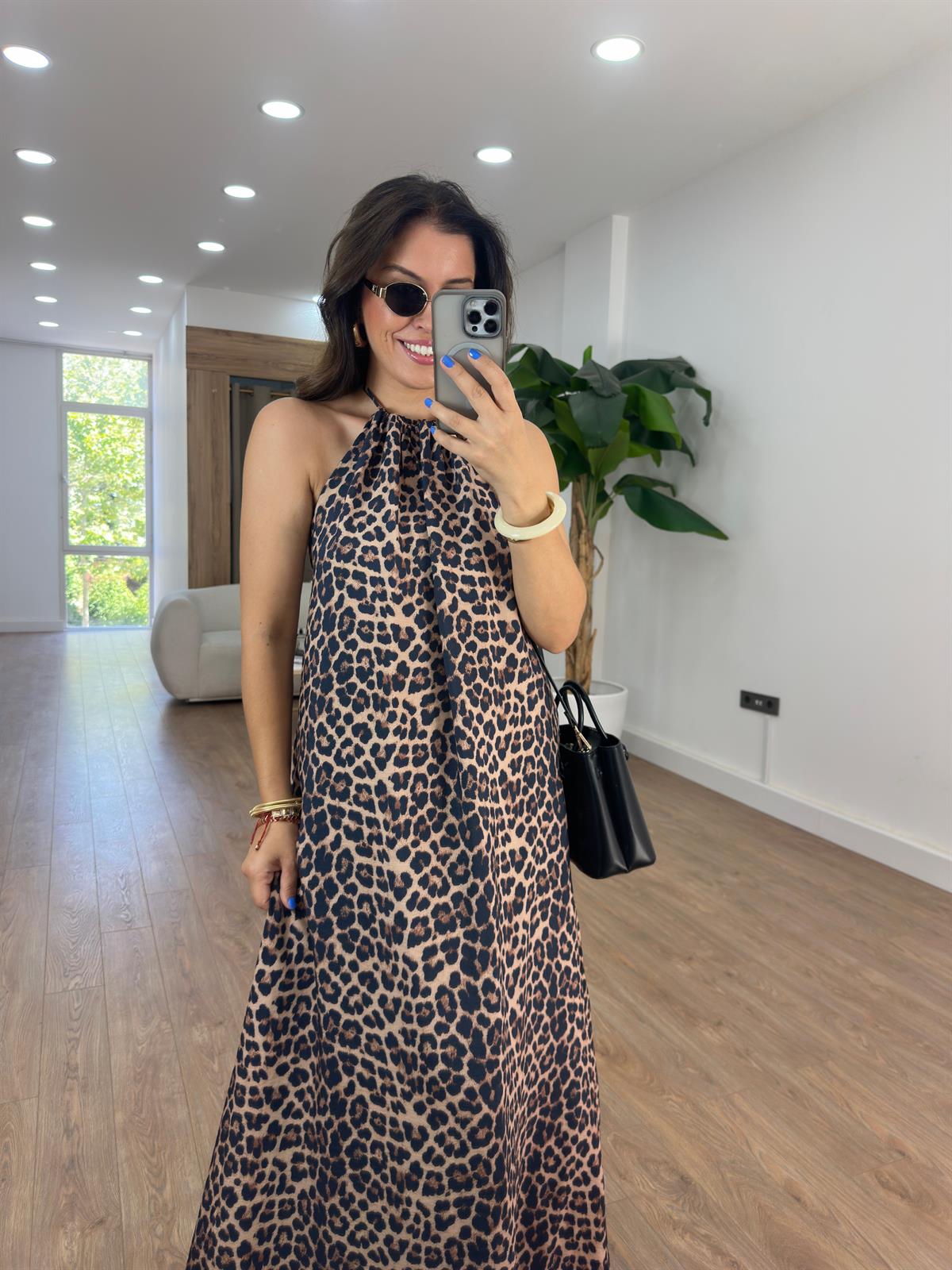 Halter Yaka Leopar Elbise - Kahve