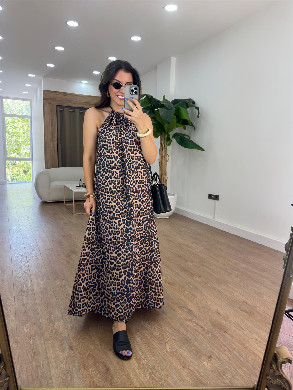 Halter Yaka Leopar Elbise - Kahve