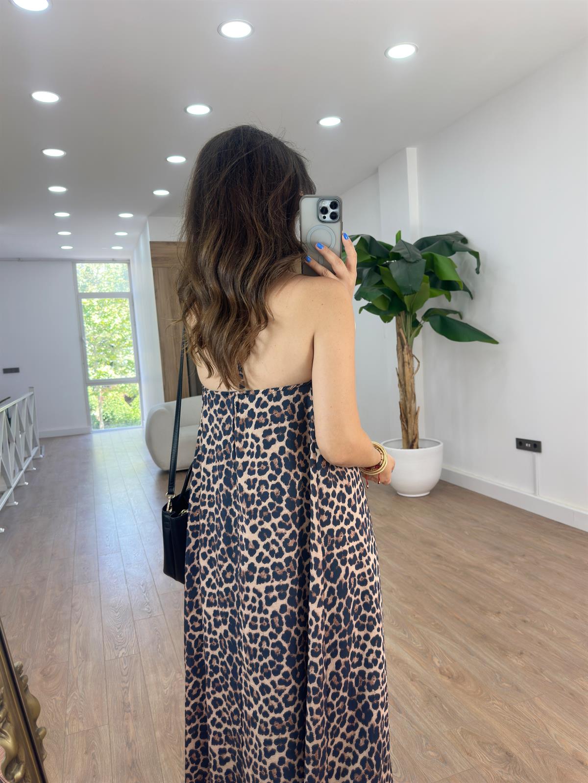 Halter Yaka Leopar Elbise - Kahve