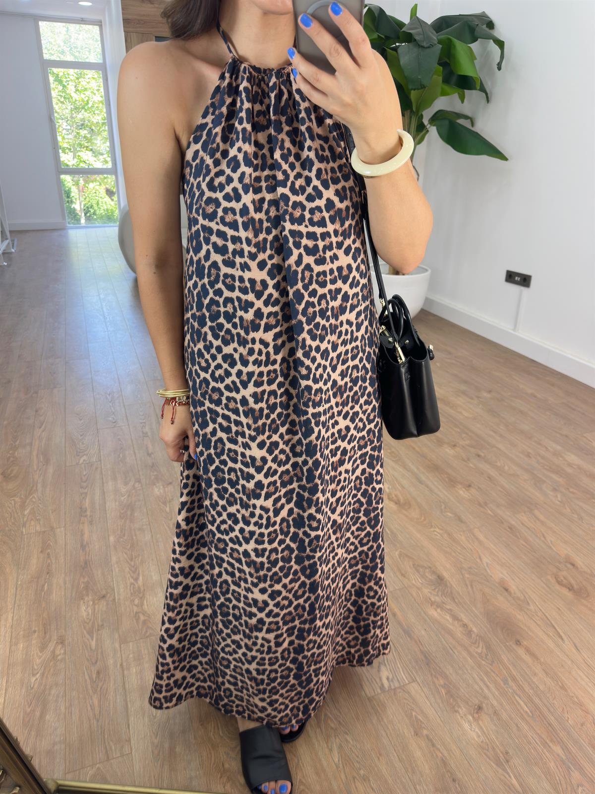 Halter Yaka Leopar Elbise - Kahve