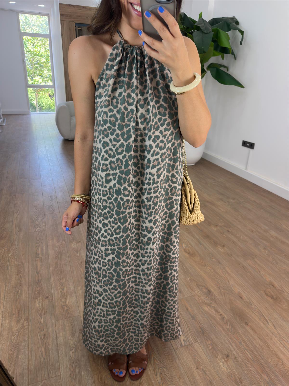 Halter Yaka Leopar Elbise - Yeşil