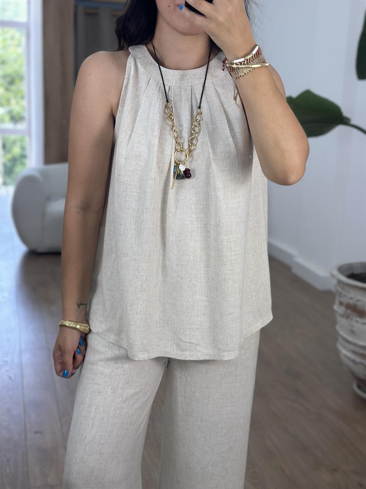 Halter Yaka Naturel Keten Bluz